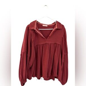 Women's Gauzy Red Babydoll Blouse